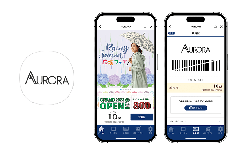 LINEミニアプリ『AURORA（オーロラ）』アイコンとトップ/会員証画面